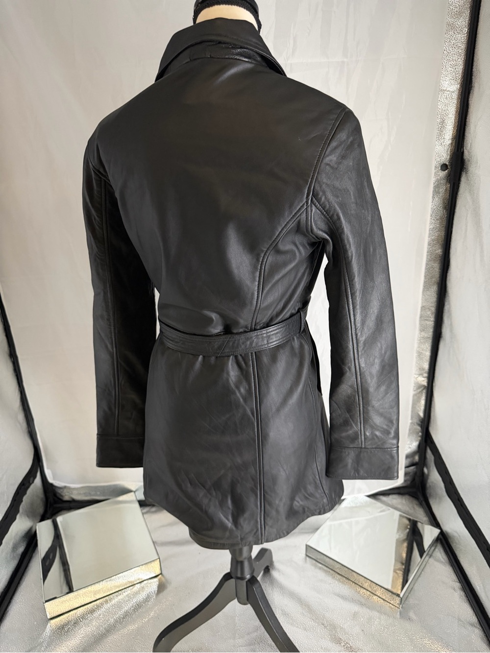 Lucky Men Soft Lined Classic Black Genuine Leather Wrap Coat with Belt NWT SZLg - Picture 2 of 11